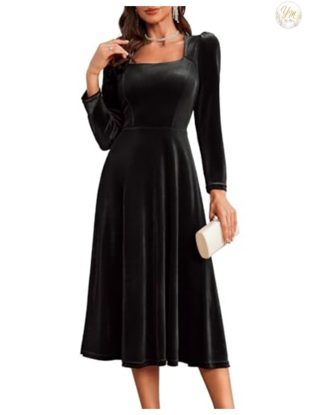 Velvet Midi Dress Long Sleeve Square Neck Formal Cocktail Party